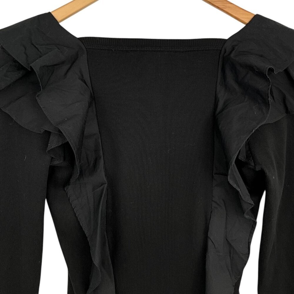 Veronica Beard Gidea Ruffled Top Black Square Neck Ribbed Long Sleeve Size XS - Picture 5 of 8